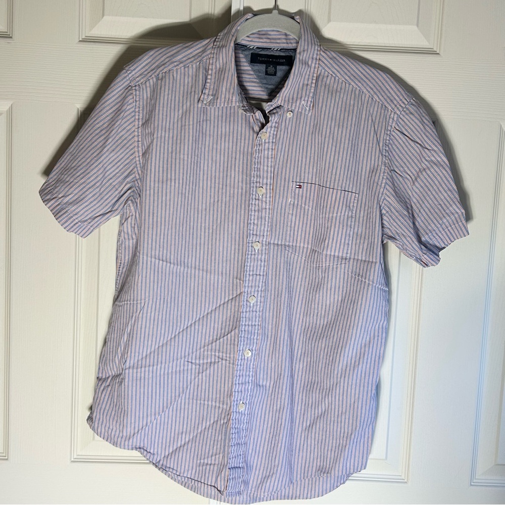 Tommy Hilfiger Blue and Orange  striped 100% Cotton Button Down Shirt  S Medium